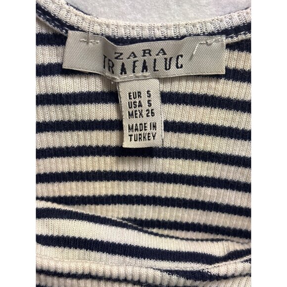 Zara Trafaluc Striped Ribbed Crop Top Navy & White Short Sleeve Scoop Neck S - Picture 6 of 7